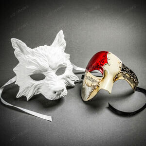 Venetian Wolf Phantom Masquerade Halloween Party mask White Red Gold